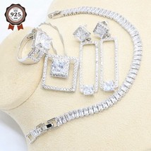 Geometric White Zircon Silver Color Bridal Jewelry Set for Women Bracelet Long E - £28.08 GBP