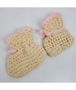 Vintage Crochet Handmade Baby Booties Ivory Pink 4x4 Inch - $21.56 CAD
