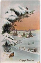 Holiday Postcard Embossed Happy New Year Snowy Country Scene Bird - £2.36 GBP