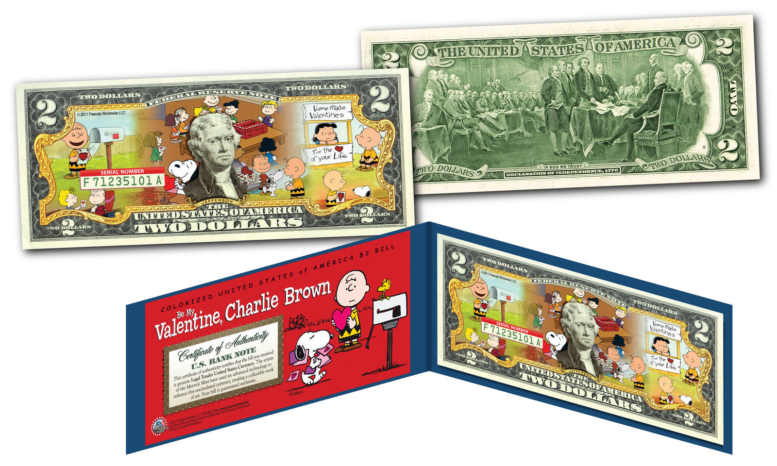 PEANUTS * BE MY VALENTINE, CHARLIE BROWN * Snoopy Officially Licensed $2 US Bill - £11.04 GBP