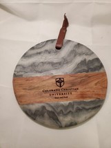 Round Marble &amp; Wood Cutting Cheese Board 12&quot; Leather Strap Colorado Chri... - £23.16 GBP