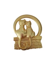 Cat Pin Brooch JJ Jonette Signed Goldtone Cat Friends Lovers on Wall Moon - $11.59