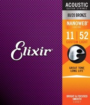 Elixir 80/20 Bronze Acoustic Guitar Strings NANOWEB Custom Light .011-.052 - $39.99