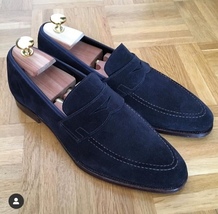Genuine Suede Apron Toe Royal Blue Color Leather Moccasin Men Handcrafted Shoes - £118.63 GBP+