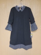 Sharagano 2fer Sweater Dress Collared Black with Plaid sz Medium Layered - £58.14 GBP