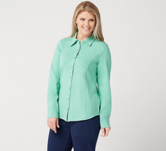 Denim &amp; Co. Textured Knit Snap Front Collared Long Sleeve Top Summer Mint Small - £8.88 GBP