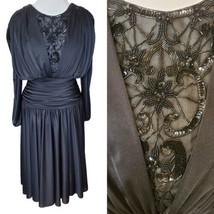 Vintage 80s Black Satin Draped Longsleeve Cocktail Dress Beaded Sz Medium 8 10 - £69.84 GBP