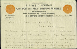 1902 CODMAN COTTON  BUFFING WHEELS Boston MA Antique Letterhead Correspo... - £7.85 GBP