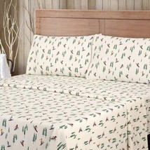 Skiers Flannel Bed Sheet Set King Size 4-Pc Pine Trees Soft Warm Vanilla Dream - £36.31 GBP