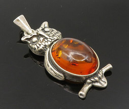 925 Sterling Silver - Vintage Cabochon Cut Amber Perched Owl Pendant - PT19968 - £54.71 GBP