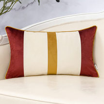 Yangest Wine Red Patchwork Lumbar Throw Pillow Cover Gold Striped Velvet Cushion - £17.94 GBP