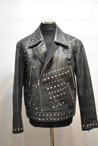 New Men&#39;s Black Punk Brando Style Silver Studded Cowhide Leather Jacket-1073 - £197.53 GBP