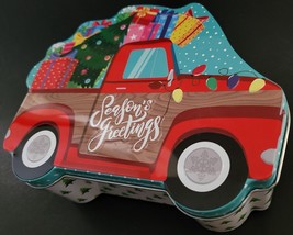 Christmas Holiday Cookie Tin ‘Season’s Greetings’ Pick-UpTruck w Gifts S24 - £3.14 GBP