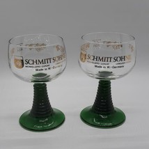 Pair of Schmitt Sohne Green Beehive Stem German Wine Glasses Gold Writing  - $14.01