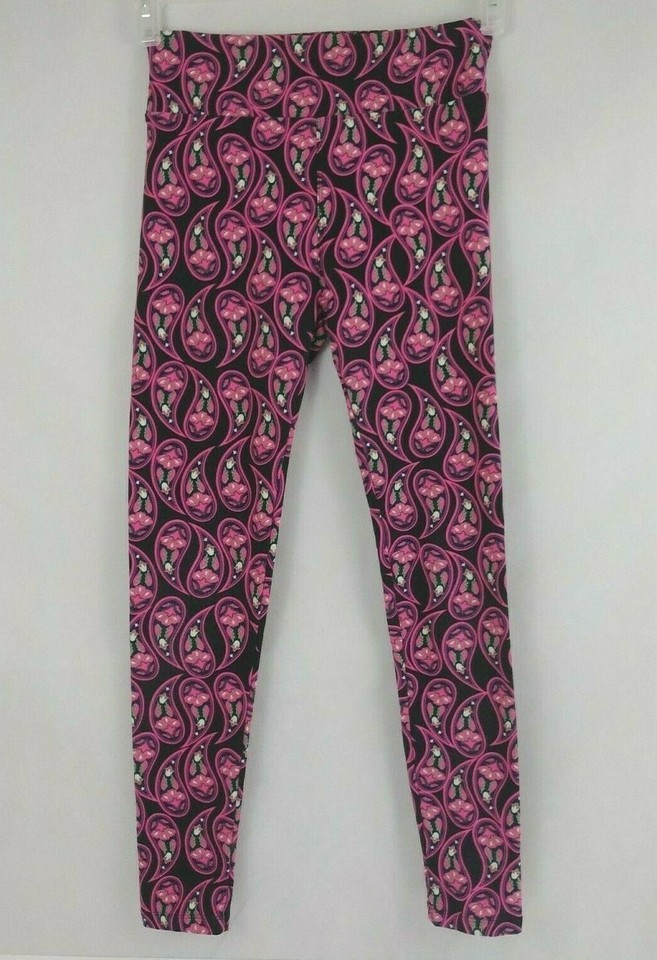 Lularoe One Size Leggings Blue With Pink Floral Paisley Design - $10.88