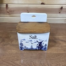 Vintage GMT Germany Blue &amp; White Delft Windmill Salt Box Cellar Wood Hin... - $37.39