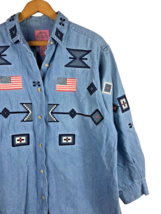 Embroidered Denim Shirt Size 10 Medium Womens Patches American Flag Vintage - £27.97 GBP