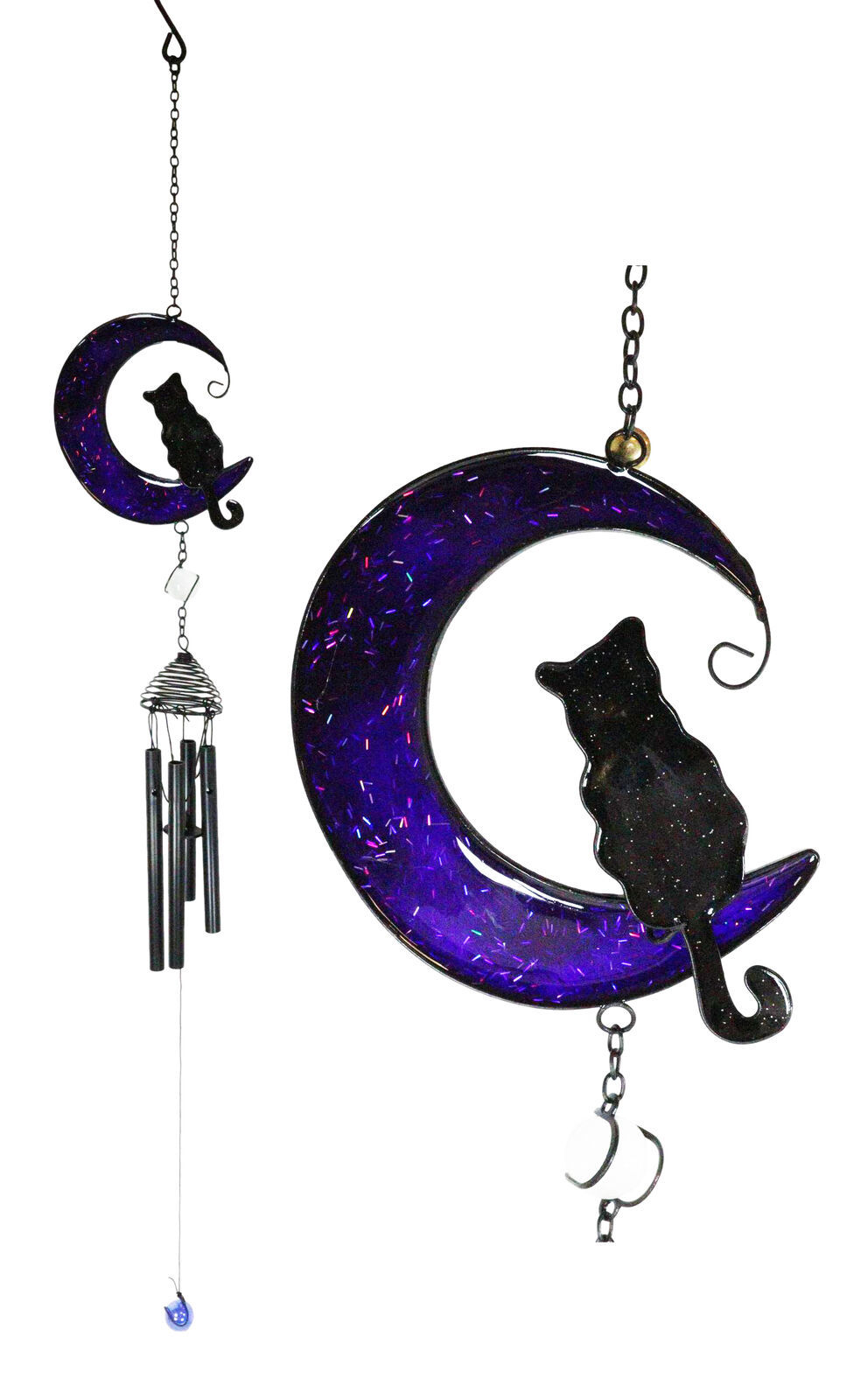 Witchcraft Black Cat On Purple Crescent Moon Stained Glass Wind Chime Su... - $24.99