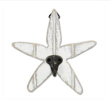 Coastal Wood Plaque Starfish Hook Wall Hanger Hand Carved Wood Decor White - $13.06