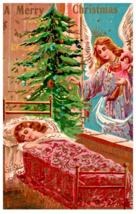 Postcard Embossed Merry Christmas Angel Decorates Tree While Child Sleep... - £11.87 GBP