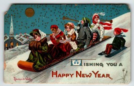 New Year Postcard Toboggan Wood Sled Full Moon Church Bernhardt Wall 1908 Emboss - £8.78 GBP