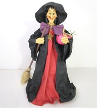 Vintage Paper Mache Witch with Broom Figurine Pumpkin 10&quot; Halloween Decor - £13.38 GBP