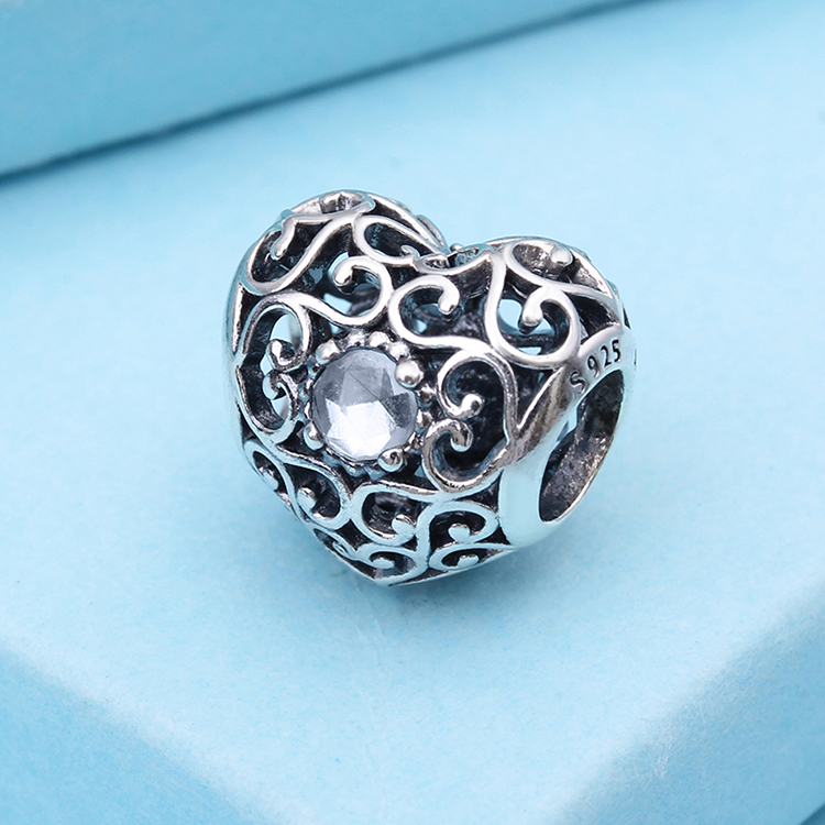 925 Sterling Silver March Signature Heart Birthstone Charm Bead