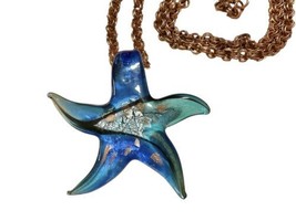 Star Fish Necklace Pendant Blue Dichroic Glass w/Gold &amp; Silver Copper Chain 24” - £16.37 GBP