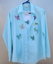 Tia Designs Shirt Blue Gingham Womens Medium Frog Embroiderd Long Sleeve... - £19.29 GBP