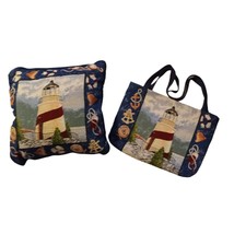 Vtg Lighthouse Tapestry Decor Throw Pillow + Tote 16&quot; x 16&quot; Nautical Beach - £25.84 GBP