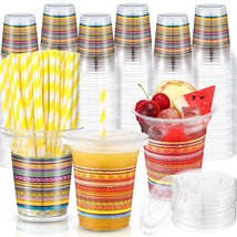 100 Pack Fiesta Plastic Cups With Lids And Paper Straws 12 Oz Mexican Clear Disp - $50.99