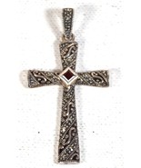 Cross Sterling Silver Necklace Pendant Red Garnet Marcasite Scroll Thail... - $55.51 CAD
