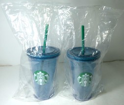 Starbucks 2018 2 Acrylic Cold Cup Tumbler AQUA Blue Green 16 oz , NEW - £129.07 GBP
