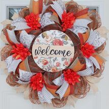 Welcome Front Door Wreath  Spring Everyday Mesh Wreath  Floral Ribbon Po... - $64.99