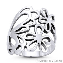 Butterfly &amp; Flower Charm 925 Sterling Silver Right-Hand Statement Wide Boho Ring - £23.60 GBP