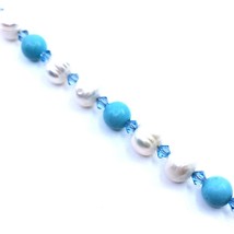 Women&#39;s Beaded Bangle Turquoise Pearls Blue Topaz Stainless Steel - £38.64 GBP