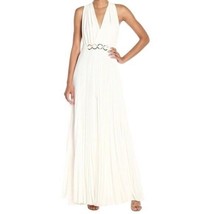 Halston Gown White Halter Maxi Size 4 Pleated  Gold Ring Waist Sleeveles... - £85.75 GBP