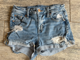AMERICAN EAGLE Hi-Rise Shortie Shorts size 0 Denim Jean Distressed Stretch - $27.05