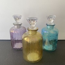 Set Of 3 Glass Bottles Iridescent &amp; Diamond Shaped Stopper Yellow, Blue, Purple - £8.33 GBP