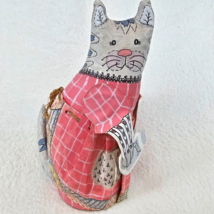 Handmade Folk Art Cat Painted Canvas Gray Striped Kitty Tabby Pink Dress... - $34.44