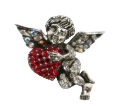 Vintage silver tone angel cherub brooch w/ red &amp; white rhinestone accents - £16.01 GBP