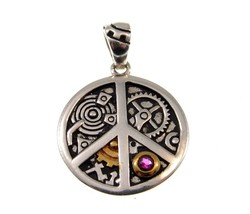 Solid 925 Sterling Silver Peace Sign Steampunk Pendant w/ Lab Created Ruby - £51.23 GBP