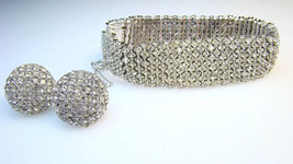 Vintage Glitz Heavy Quality Rhinestone Wide Bracelet &amp; Clip Earrings Set - £46.27 GBP