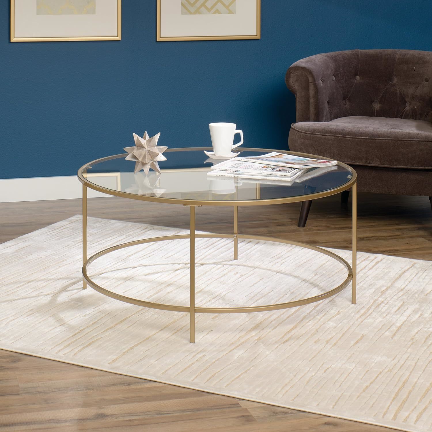 Round Int Lux Coffee Table With Glass Top And Gold Finish, Sauder 417830. - $180.95
