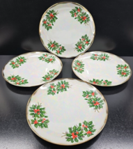 4 Ucagco Flower Of The Month December Holly Dinner Plates Set Vintage Lustreware - £62.47 GBP