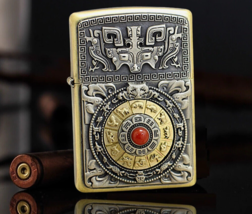 Stunning Brass Ruby Red Nine Palaces Zodiac Spinning Compass Zippo Lighter - £95.22 GBP