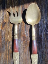 Vintage Buddha Brass &amp; Teak Wood Serving Spoon Fork Salad Utensils Siam Thai - £17.58 GBP