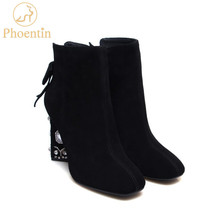 black cow suede women boots with zipper crystal strange heels ladies ankle boots - £92.72 GBP