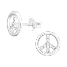 Peace Sign Earrings 925 Silver Stud Earrings with Crystals - £11.15 GBP