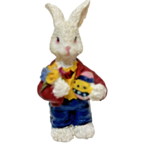 Vintage 2.25&quot; Mini Easter Bunny Holding Egg Flowers Figurine Resin Hand Painted - £8.08 GBP